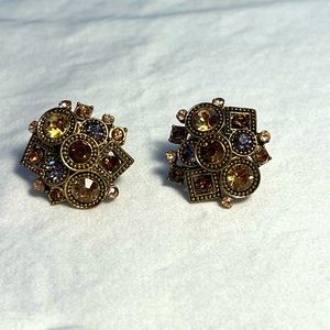 Pierced Earrings on Surgical Steel Topaz-like & Blue Stones Antique Gold tone 1”